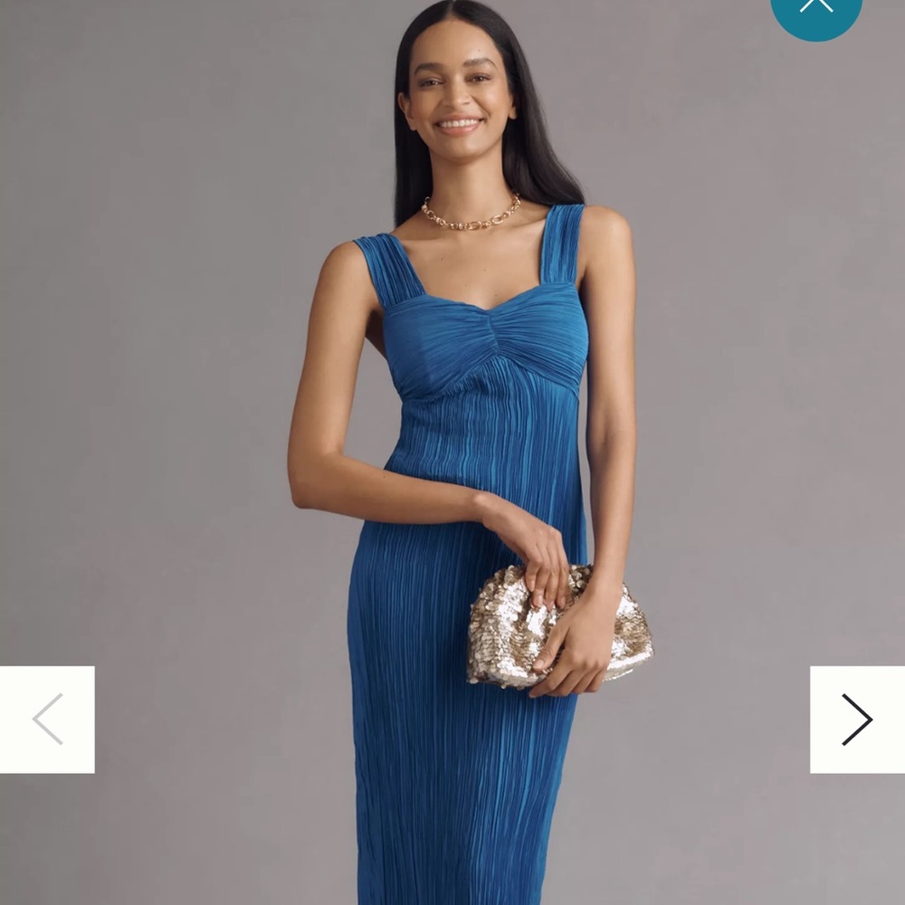 NWT Anthropologie Blue Pleated Satin Midi Dress • Size S • Cocktail Dress